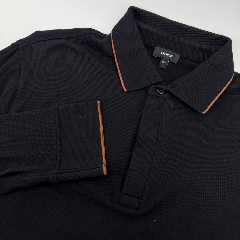Express Polo Shirt Mens S Black Long Sleeve Tipped Collar Cotton Modal Blend